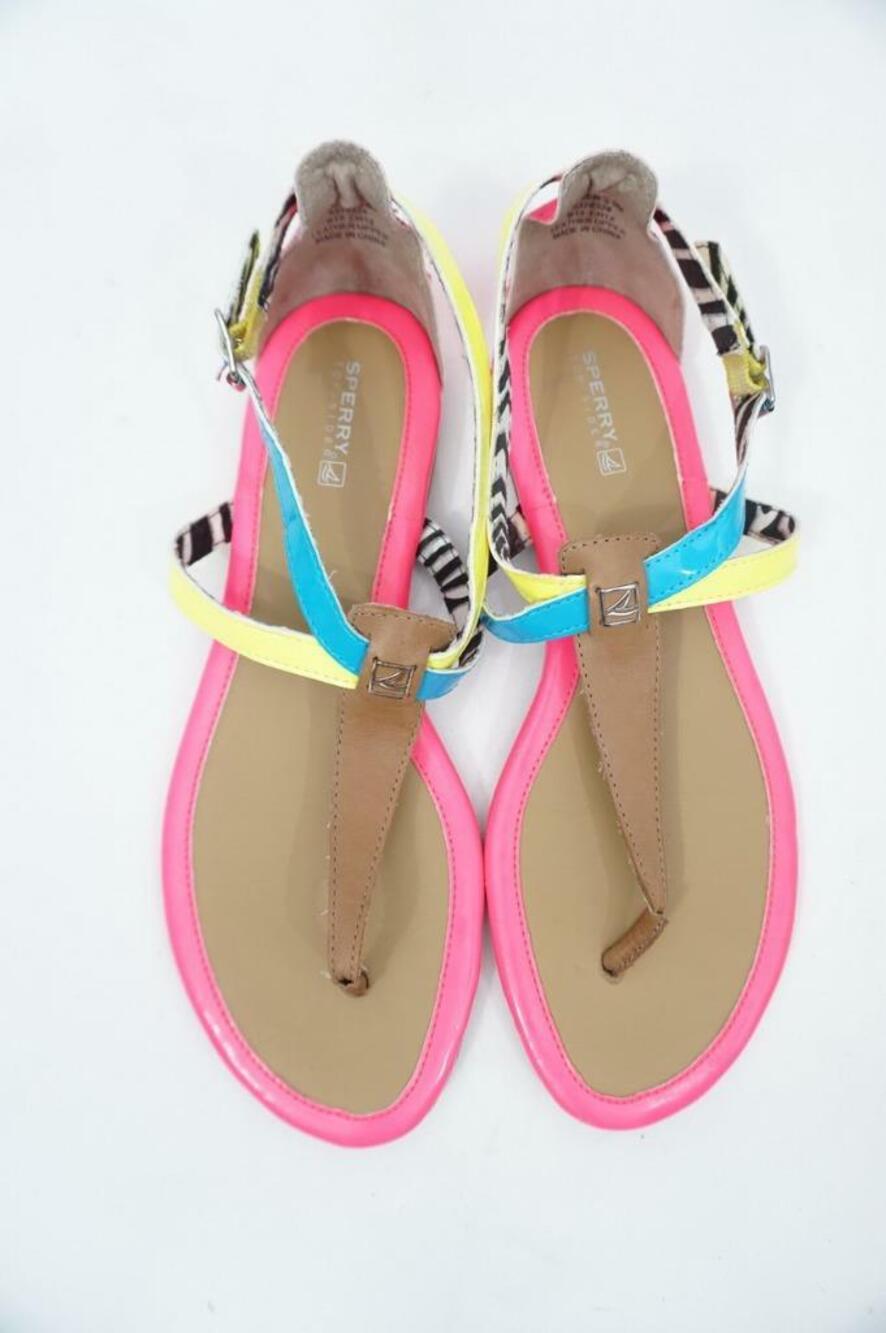SPERRY TOP SIDER 9 USED MULTICOLOR LEATHER STRAPPY ANKLE STRAP THONG SANDALS